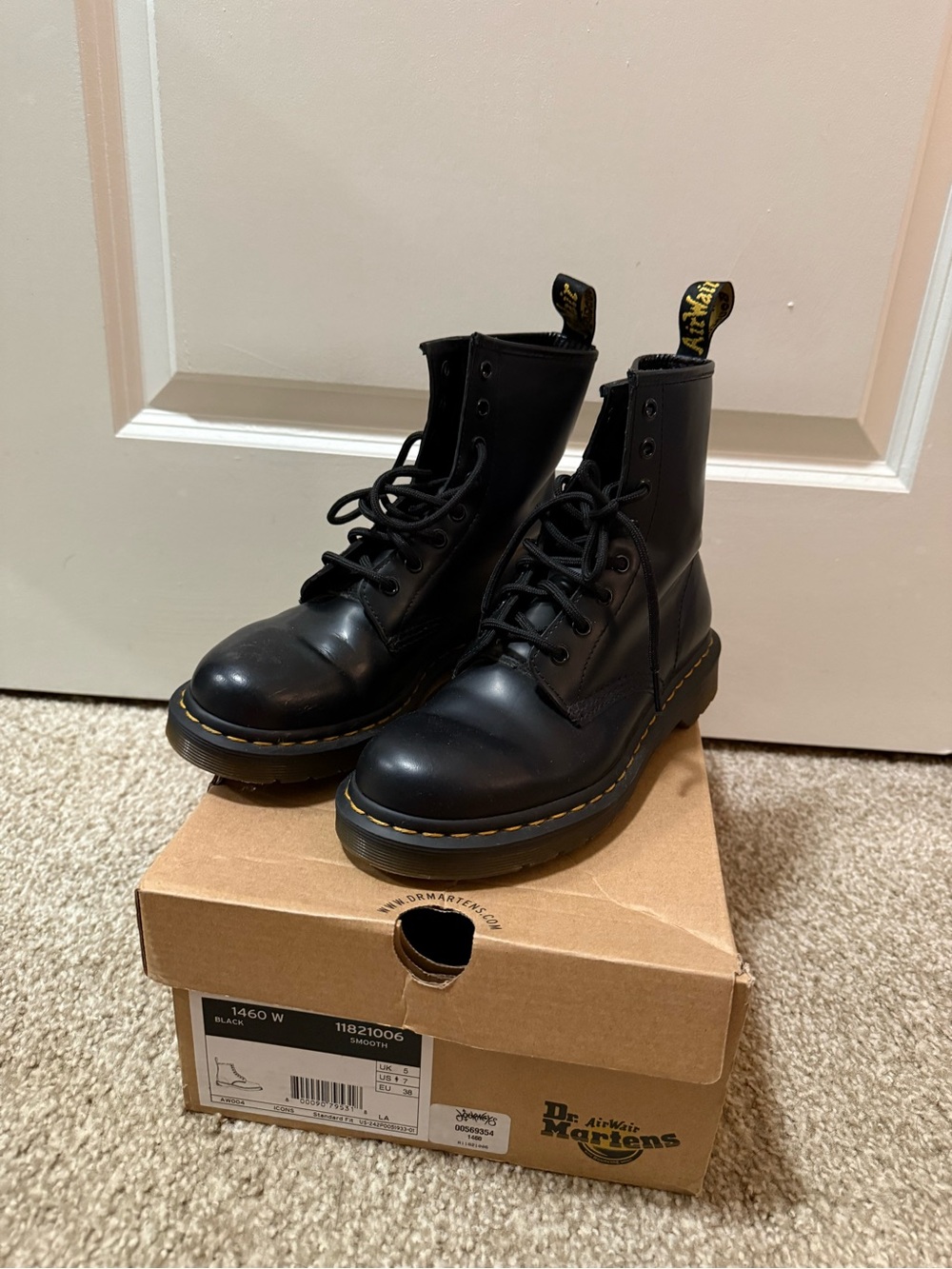 Dr. Martens Black Leather Lace-Up Boots with Yellow Stitching